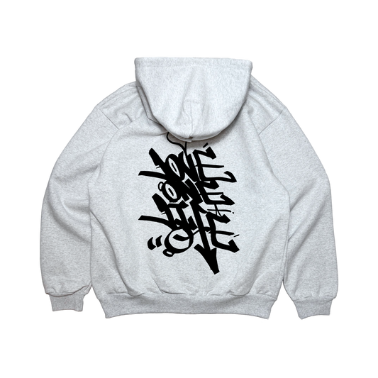 zip-up back print tagging hoodie in gray