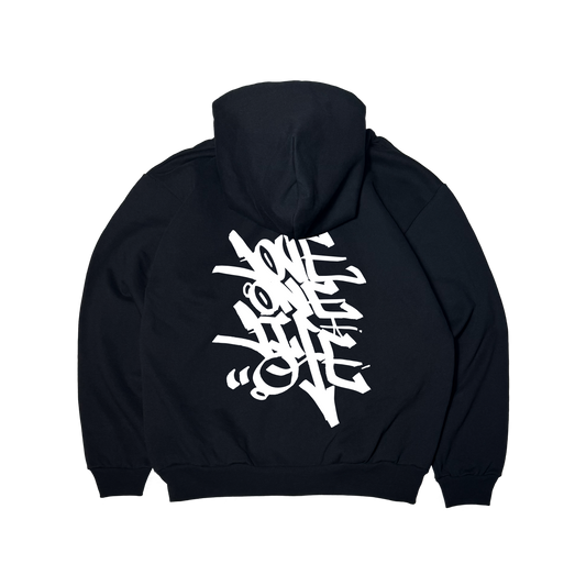 zip-up back print tagging hoodie in black