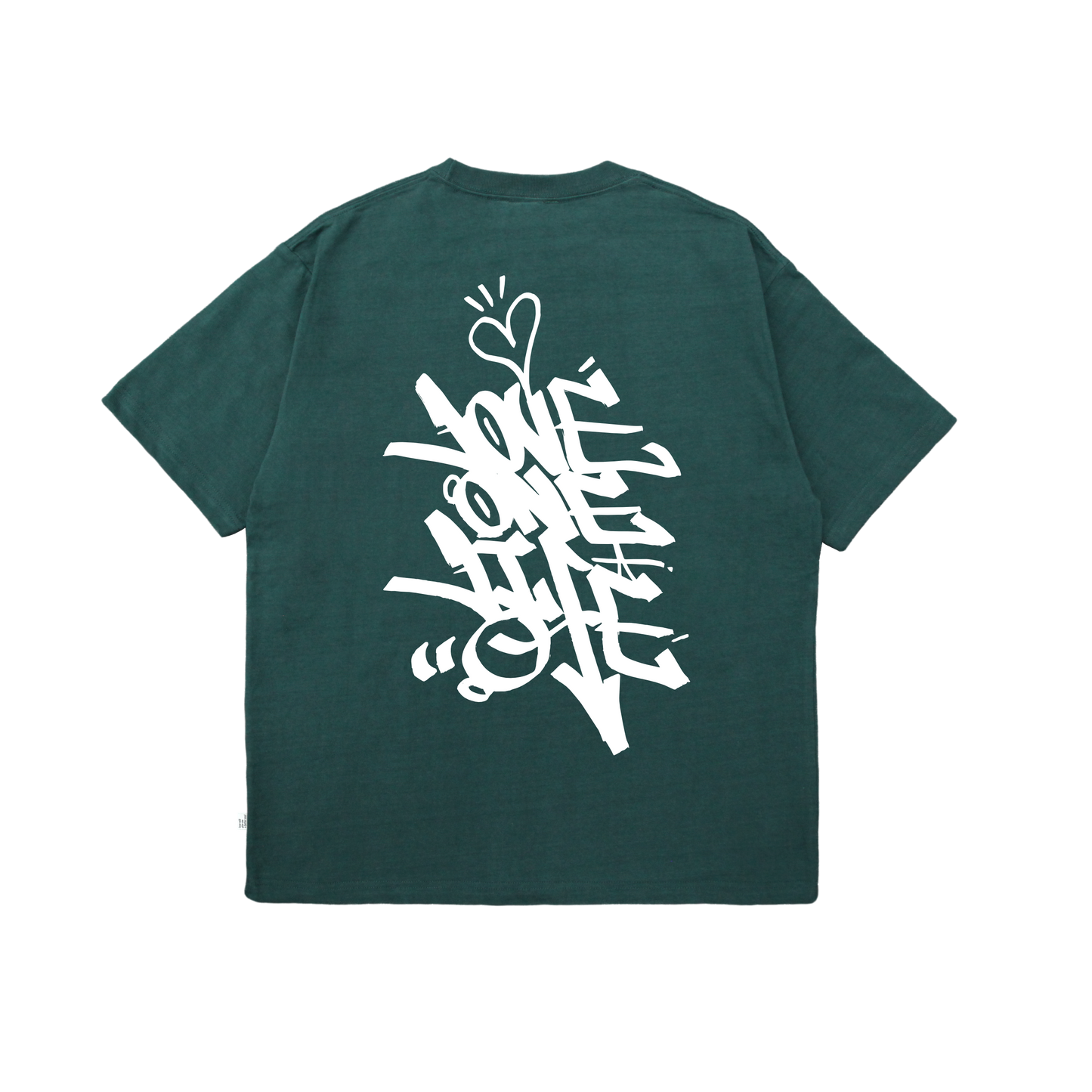 tagging back print tee in deep green