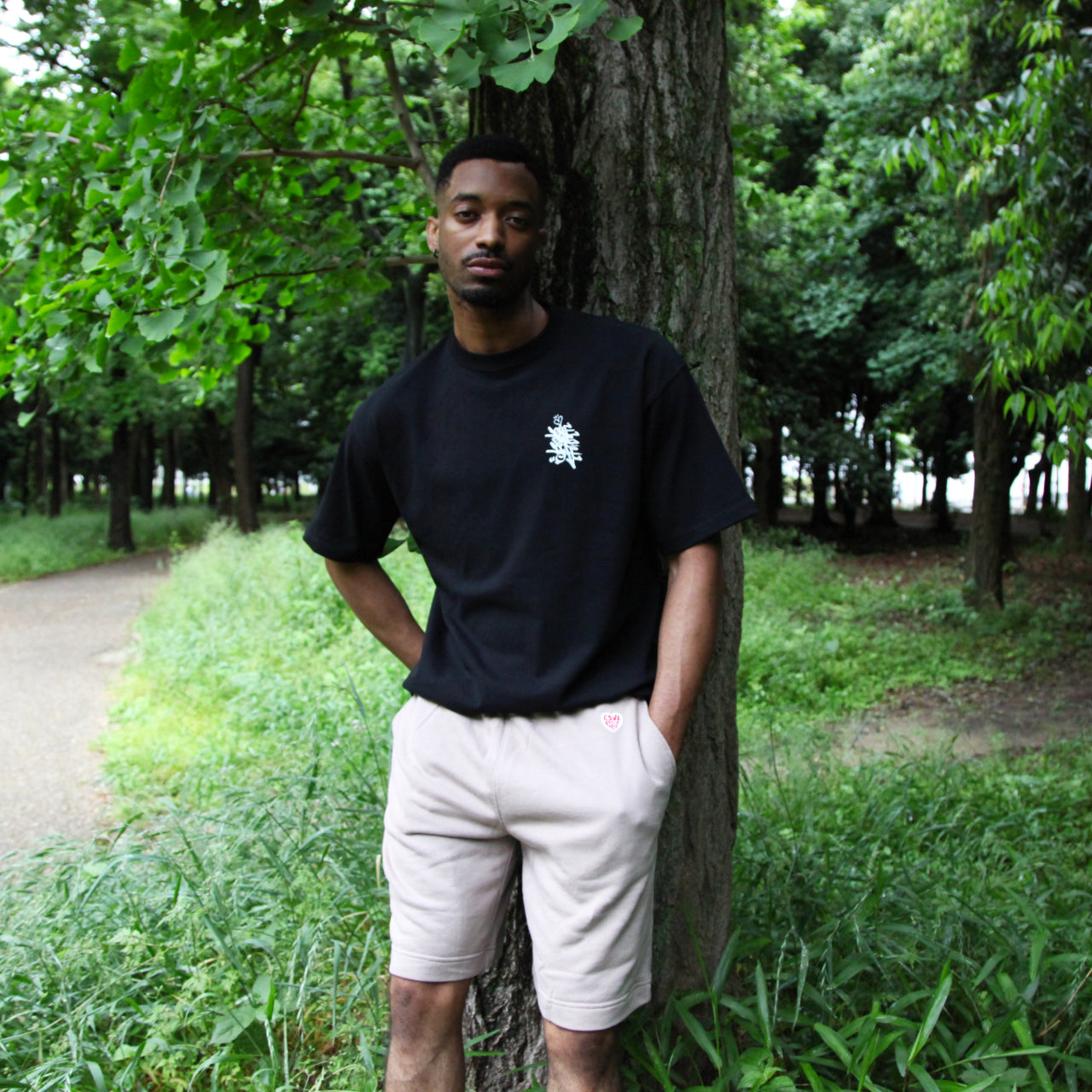 patch work half sweat pants in smoky beige