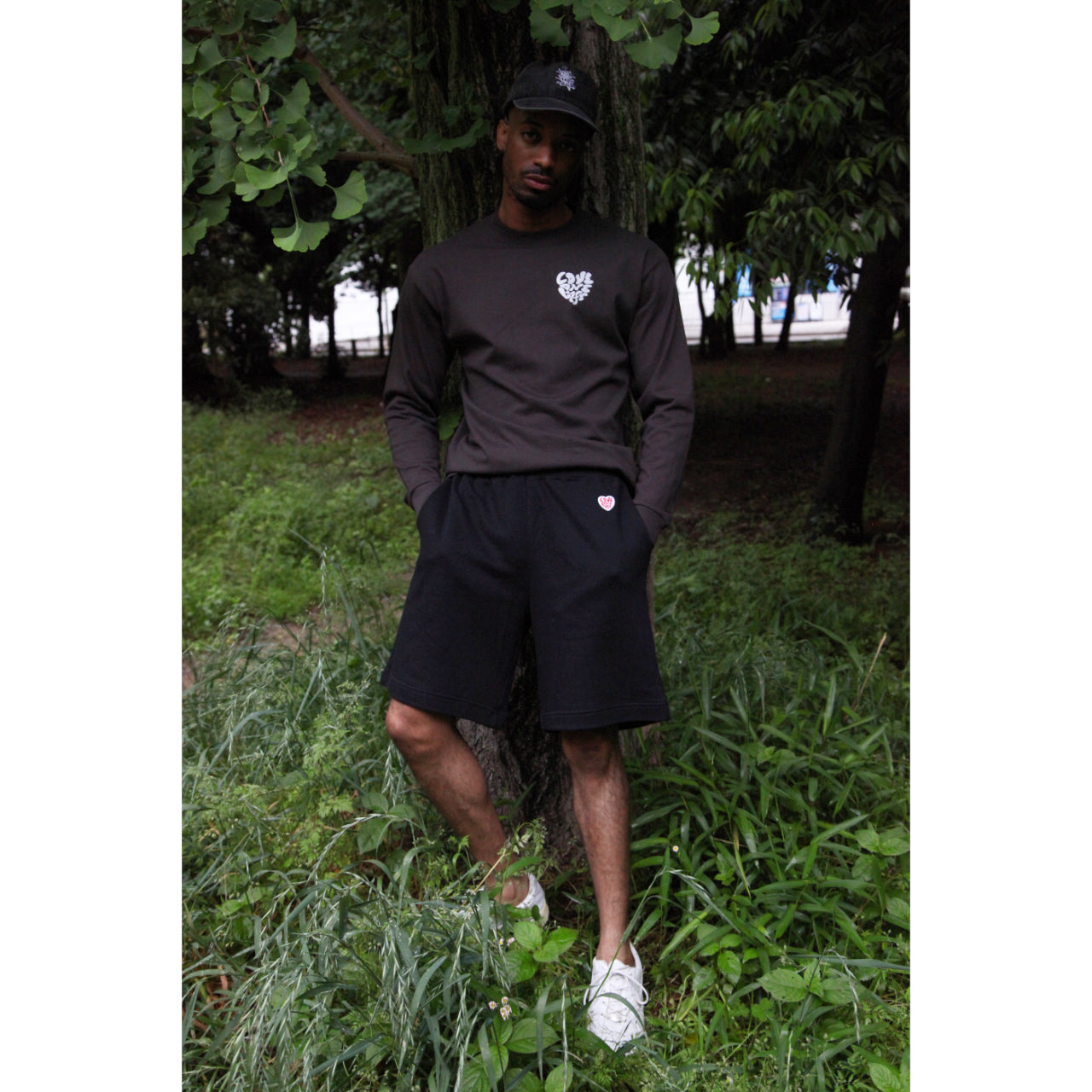 patch work half sweat pants in black
