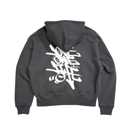 tagging back print zip-up hoodie in charcoal