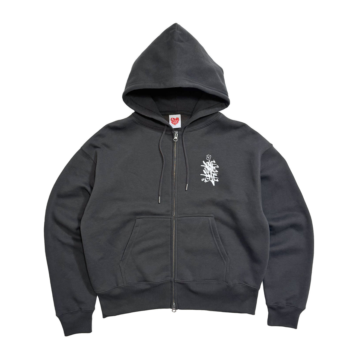 tagging back print zip-up hoodie in charcoal